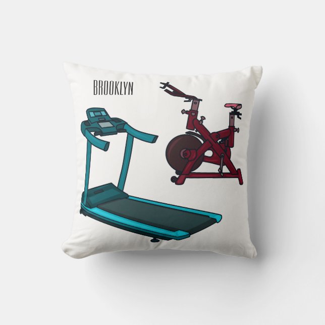 Treadmill & spinning bike cartoon illustration throw pillow (Front)