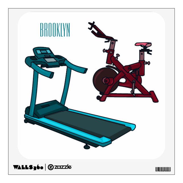 Treadmill & spinning bike cartoon illustration wall decal (Front)