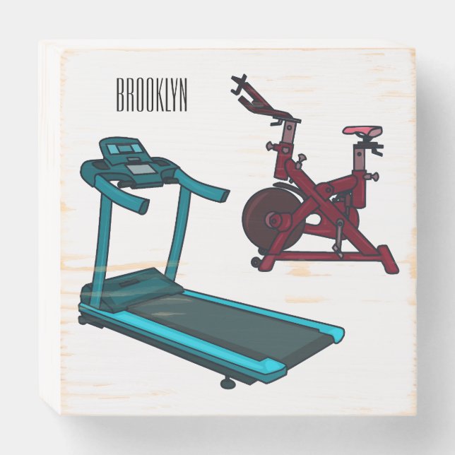 Treadmill & spinning bike cartoon illustration wooden box sign (Front Horizontal)