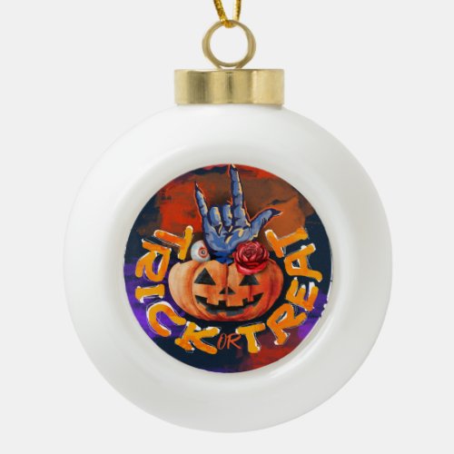 Treak or Treat Scary Halloween Pumpkin Ceramic Ball Christmas Ornament