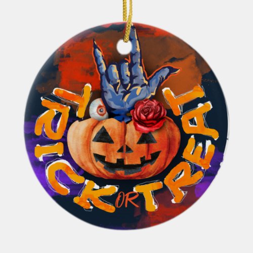 Treak or Treat Scary Halloween Pumpkin  Ceramic Ornament