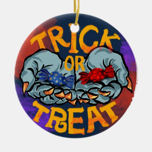 Treak or Treat Scary Halloween Pumpkin   Ceramic Ornament
