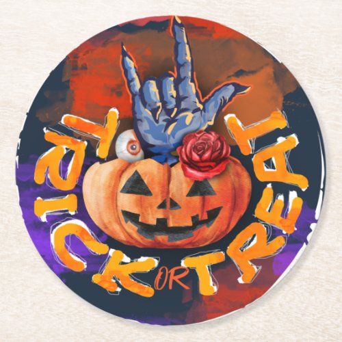 Treak or Treat Scary Halloween Pumpkin  Round Paper Coaster