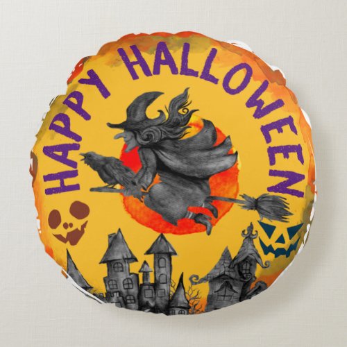 Treak or Treat Scary Halloween Pumpkin  Round Pillow