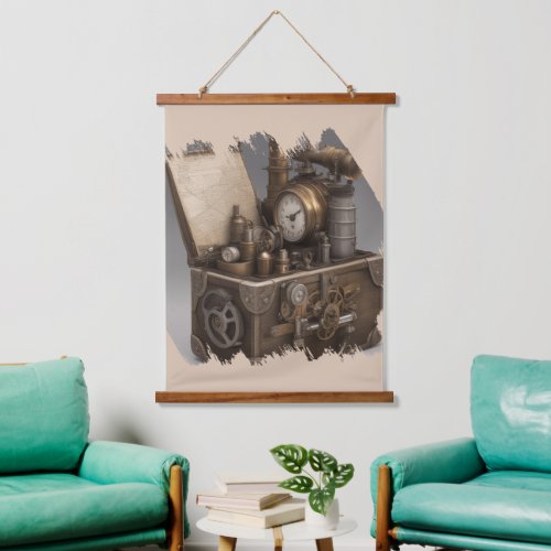 Treasure chest with gears antique    hanging tapestry