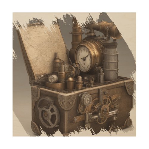 Treasure chest with gears antique    wood wall art