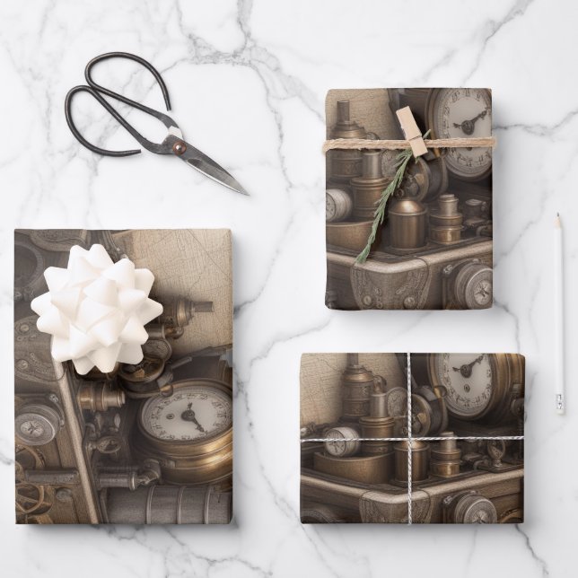 Treasure chest with gears wrapping paper sheets (Front)