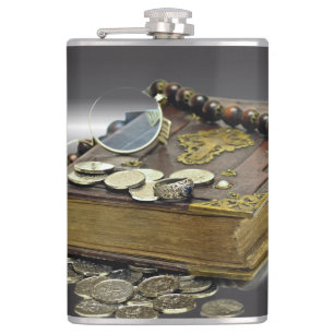 Treasure Collectors Book of Coins, Silver, Rings Hip Flask