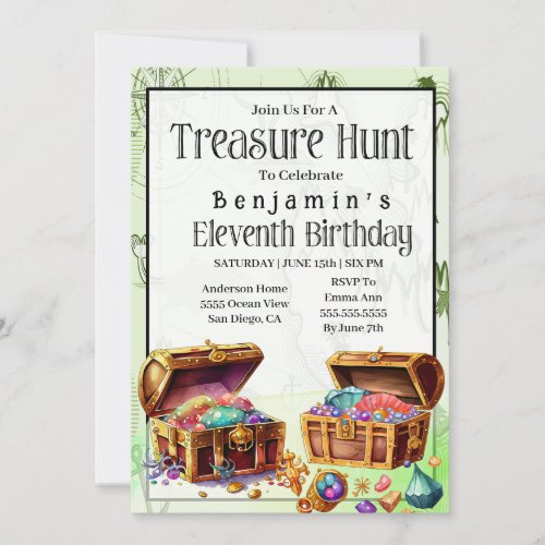 Treasure Hunt Boys 11th Birthday  Invitation