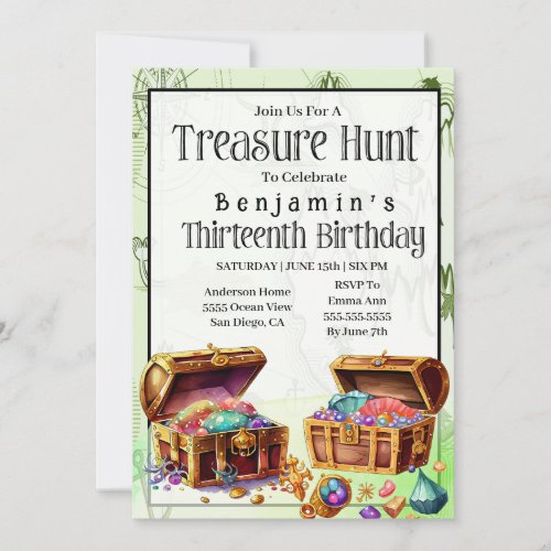 Treasure Hunt Boys 13th Birthday  Invitation