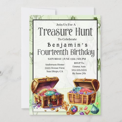 Treasure Hunt Boys 14th Birthday  Invitation