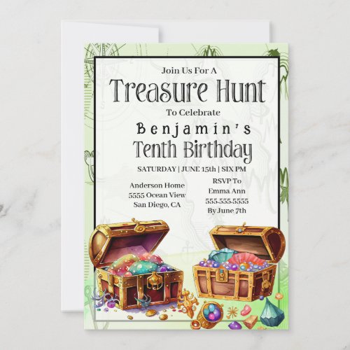 Treasure Hunt Boys Tenth Birthday  Invitation