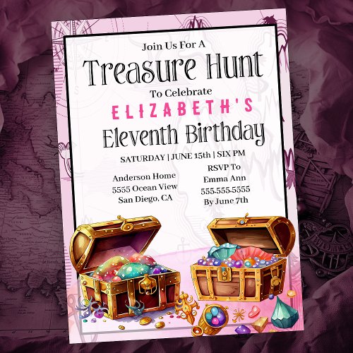 Treasure Hunt Girls 11th Birthday Invitation