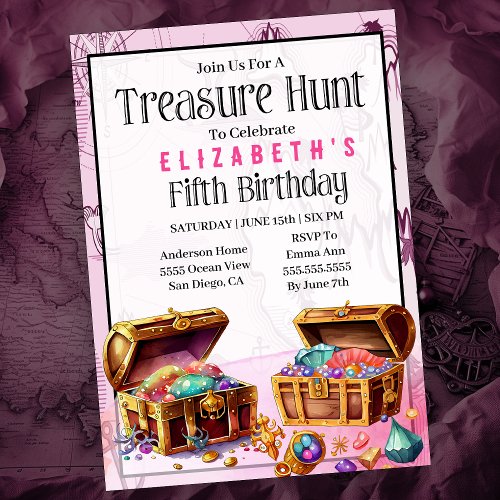 Treasure Hunt Girls Fifth Birthday Invitation