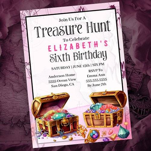 Treasure Hunt Girls Sixth Birthday Invitation