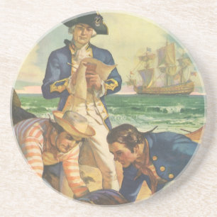 Treasure Island, Vintage Fairy Tale Pirates Sandstone Coaster