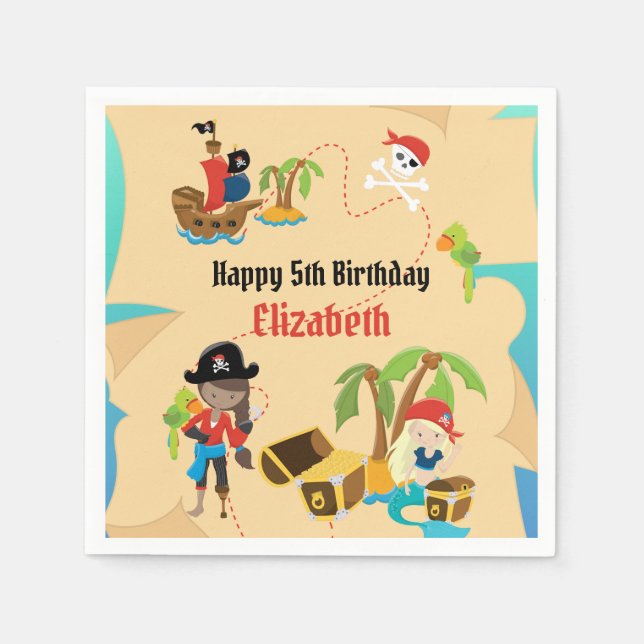 Treasure Map Cute Girl Pirate Birthday Party Napkins (Front)