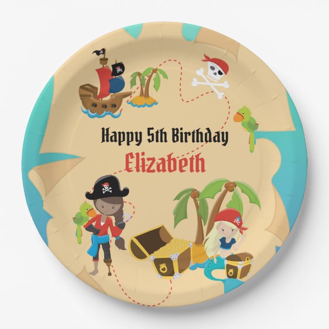 Treasure Map Cute Girl Pirate Birthday Party Paper Plates (Front)