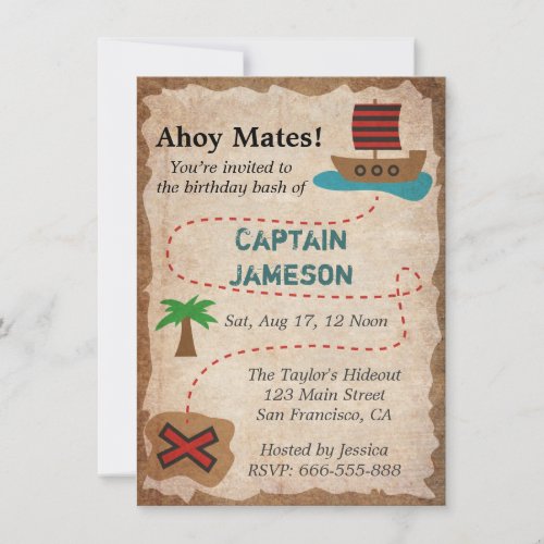 Treasure Map Pirate Theme Birthday Party Invitation