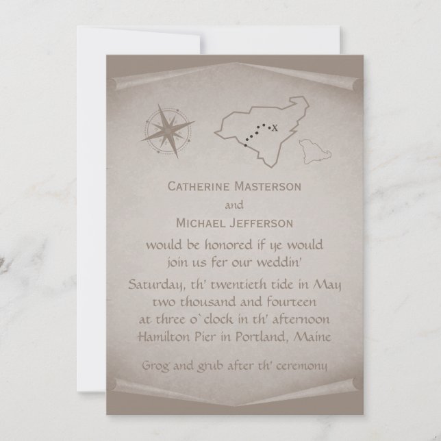 Treasure Map Wedding Invite, Beige Invitation (Front)