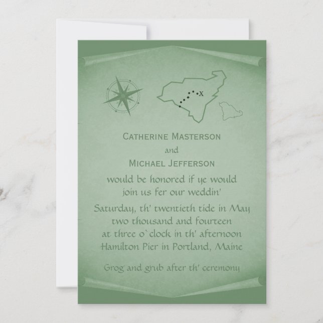 Treasure Map Wedding Invite, Green Invitation (Front)