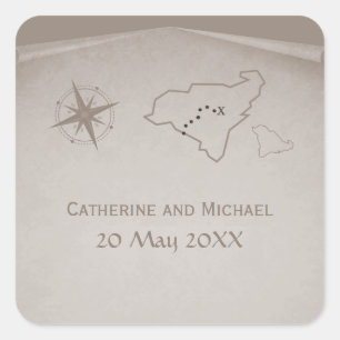 Treasure Map Wedding Stickers, Beige Square Sticker