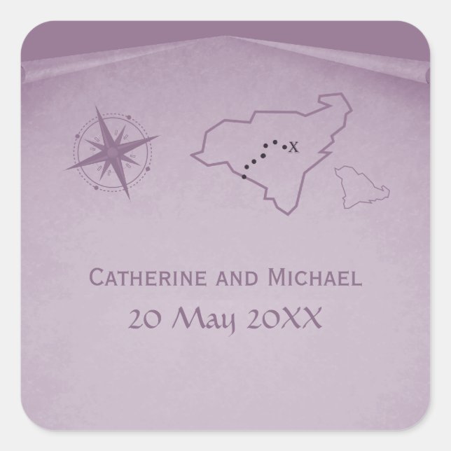 Treasure Map Wedding Stickers, Purple Square Sticker (Front)