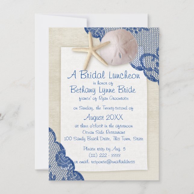 Treasured Beach and Lace Blue Bridal Shower Invitation (Front)