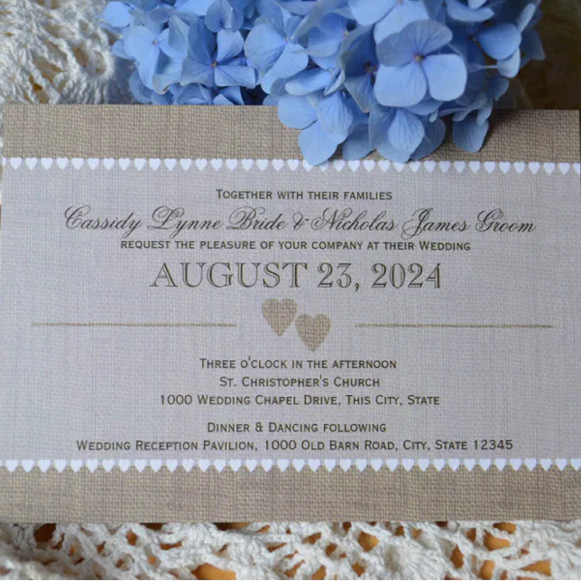 Treasured Hearts and Burlap Wedding Invitation Zazzle