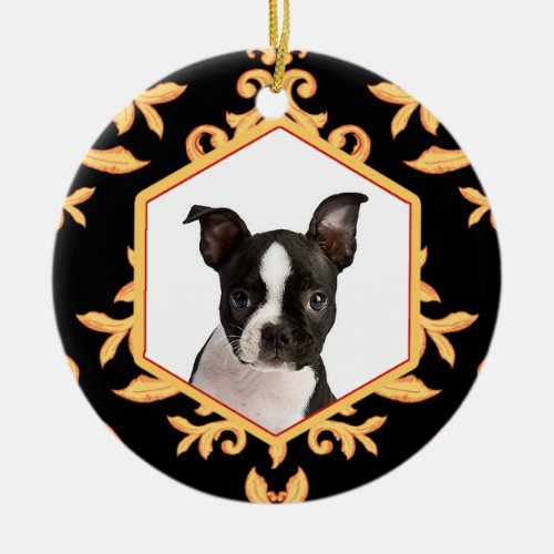 Treasured Pets Black  Gold Damask Dog  Cat Photo Ceramic Ornament