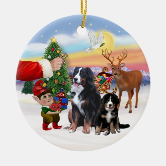 Treat for a Bernese Mountain Dog & Puppy Ceramic Ornament (Front)