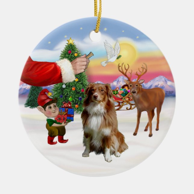 Treat for a Red and White Australian Shepherd Ceramic Ornament (Front)