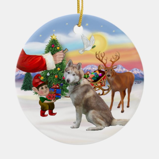 Treat for a Siberian Husky (red) Ceramic Ornament (Front)
