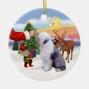 Old English Sheepdog Christmas Santa Hat Xmas Color Lights Poster