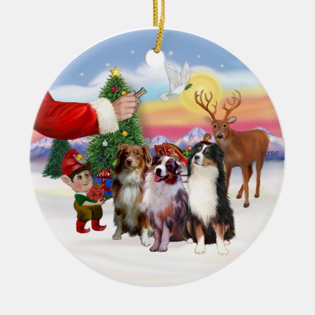Treat for Three Australian Shepherds Ceramic Ornament (Front)