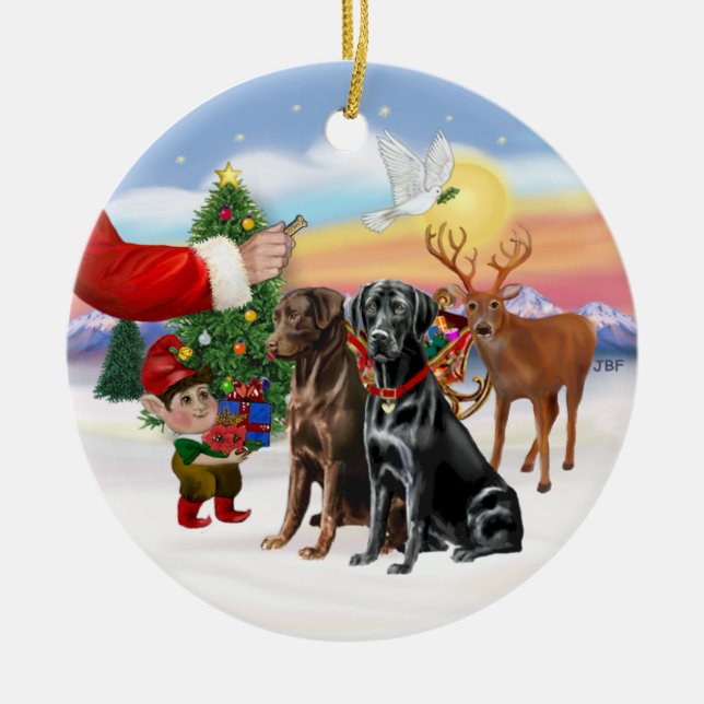 Treat for Two Labradors (Chocolate + Black) Ceramic Ornament (Front)