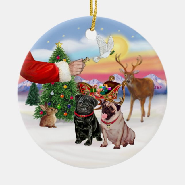 Treat for Two Pugs (fawn + black) Ceramic Ornament (Front)