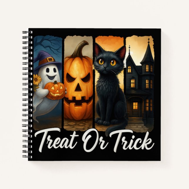 "Treat or Trick" Halloween Brush Stroke Cat Notebook (Front)