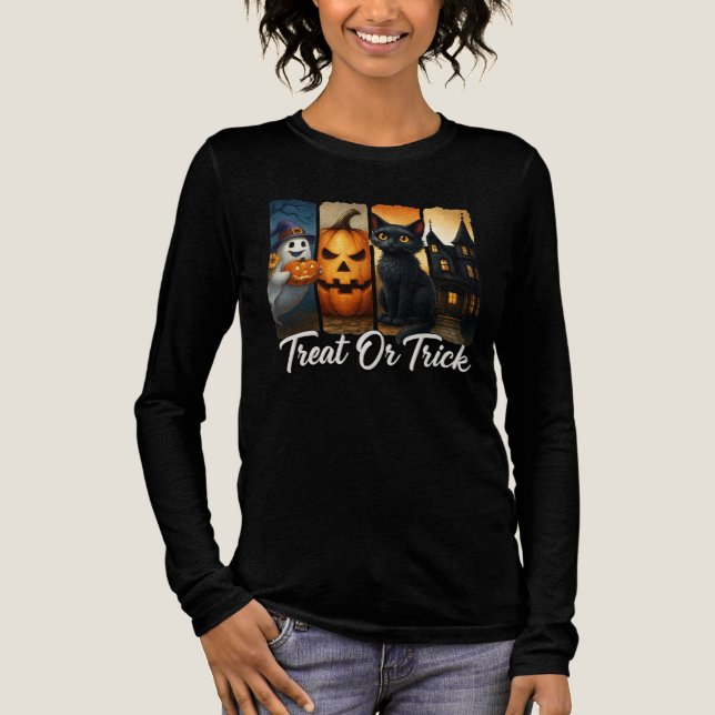 "Treat or Trick" Halloween Brush Stroke Cat Women Tri-Blend Shirt (Front)
