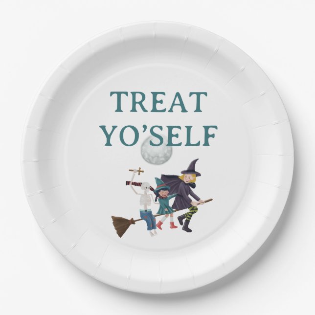 Treat Yo’Self Halloween Party. Cute Flying Witches Paper Plates (Front)