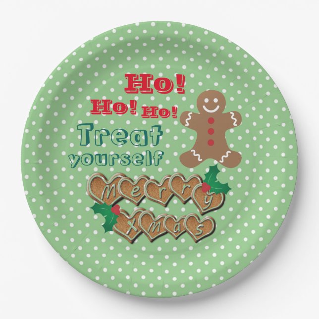 "Treat Yourself" Christmas Gingerbread and Dots Paper Plates (Front)