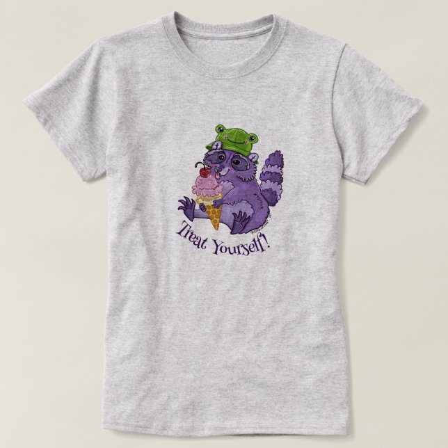 Treat Yourself, Purple Raccoon with Icecream T-Shirt (Design Front)