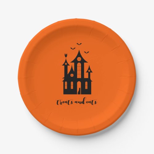 Treats And Eats Halloween Haunted House Orange Paper Plates