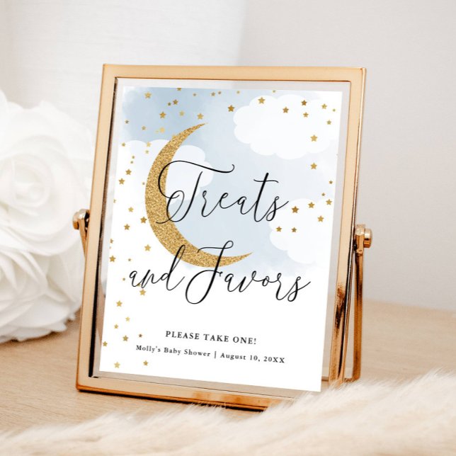 Treats and Favors Blue Gold Moon Baby Shower Table Poster (Creator Uploaded)