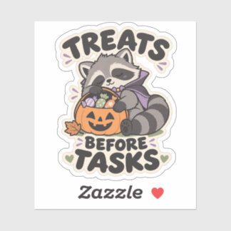 Treats Before Tasks Halloween Raccoon Sticker