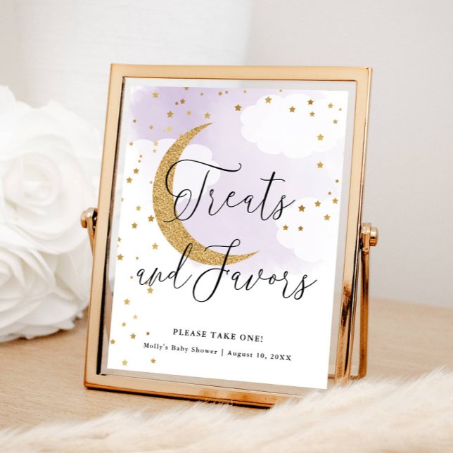 Treats & Favors Purple Gold Moon Baby Shower Table Poster (Creator Uploaded)