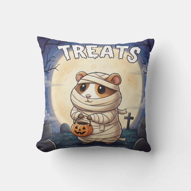 Treats – Mummy Guinea Pig Halloween TinyFur  Throw Pillow (Front)