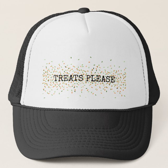 Treats Please Halloween Candy Sprinkles No Tricks Trucker Hat (Front)