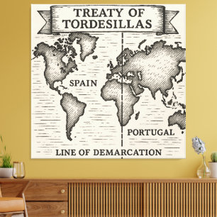 Treaty of Tordesillas Black Ink Map Illustration Canvas Print