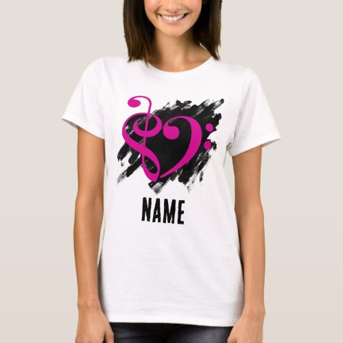 Treble and Bass Clef Heart Fuchsia on Grunge Bassist Customizable T-Shirt